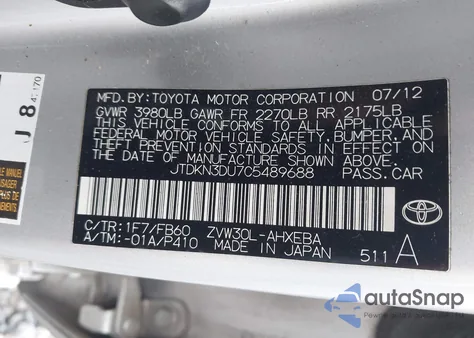 2012 Toyota Prius Three from USA, damaged, VIN JTDKN3DU7C5489688